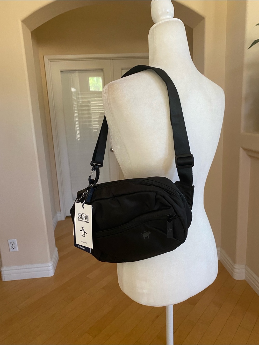 Original Penguin Black Crossbody Sling Bag with Adjustable Strap